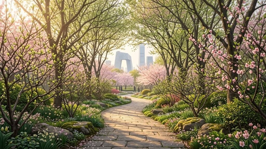 Jardín primaveral que simboliza la renovación en La primavera temprana.