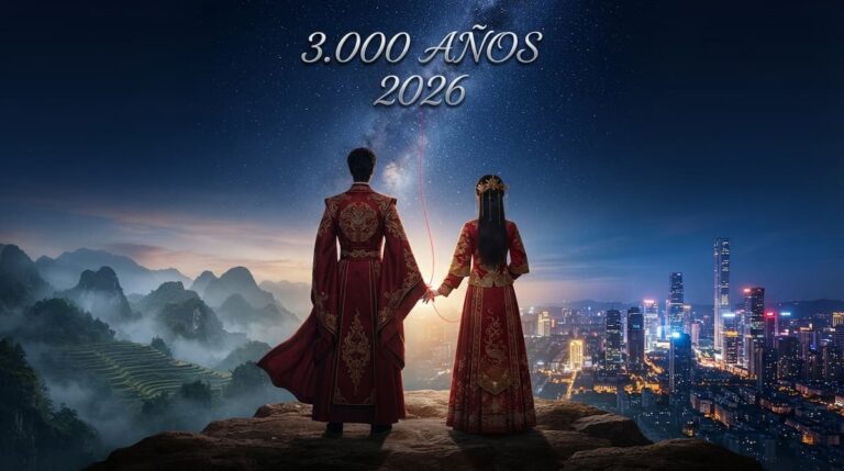 Ilustración de dos siluetas con hanfu tomadas de la mano entre montañas antiguas y una ciudad moderna, portada del análisis de El pacto de la eternidad drama chino