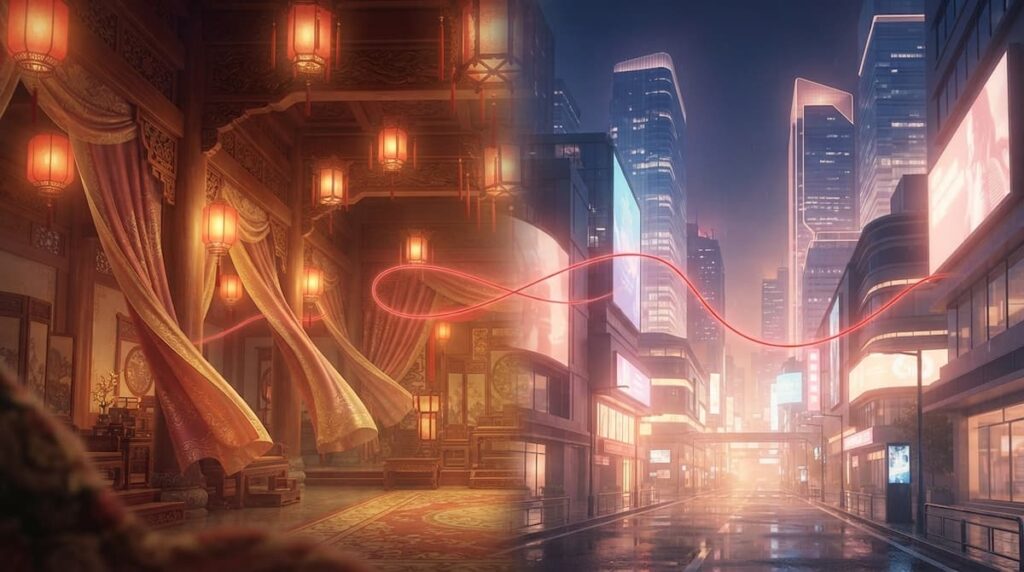 Ilustración de un salón de palacio antiguo chino fundiéndose con una calle moderna iluminada, representación de las eras en el análisis de El pacto de la eternidad drama chino.