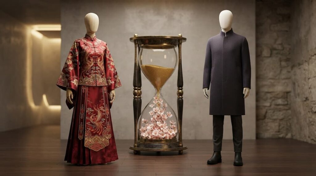 Ilustración de un hanfu tradicional junto a un abrigo moderno con un reloj de arena entre ambos, símbolo del vestuario en el análisis de El pacto de la eternidad drama chino.
