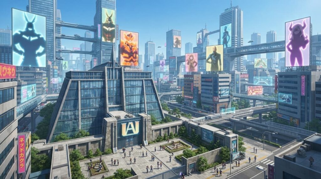 Ciudad del análisis de personajes de Mi Héroe Academia con cultura heroica institucionalizada.