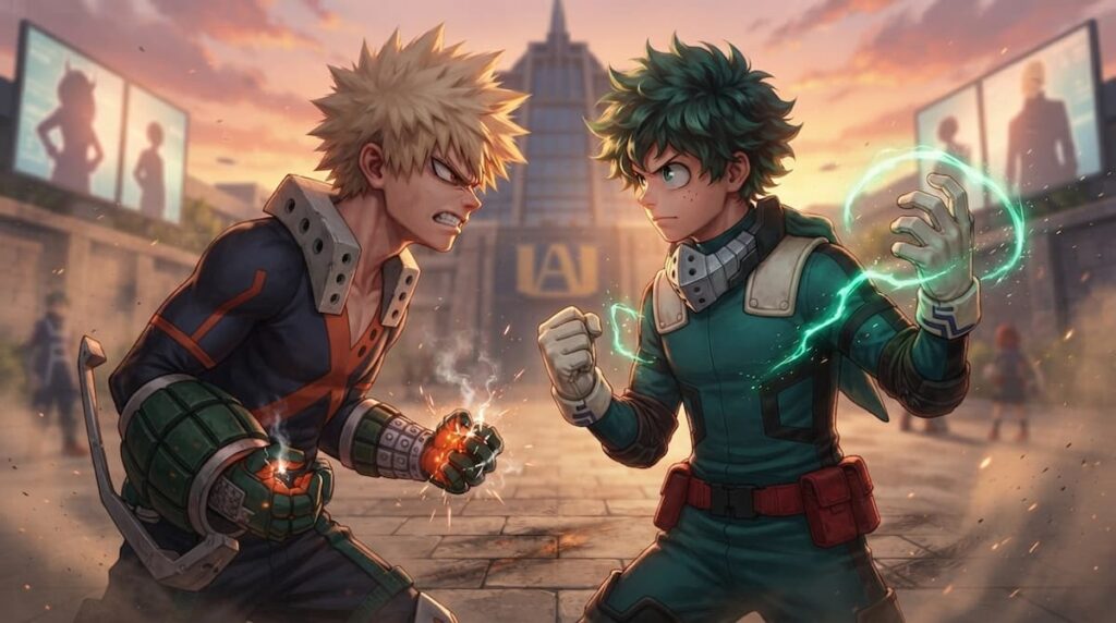 Escena de entrenamiento para el análisis de personajes de Mi Héroe Academia