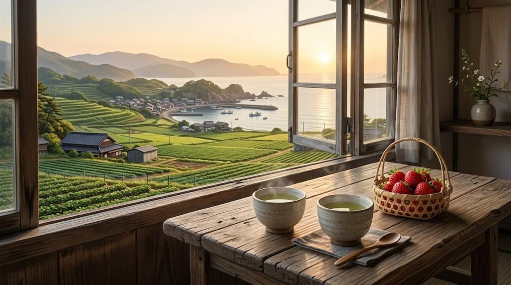 Análisis de Temporada de amor 2026: dos tazas de té junto a una ventana con vistas a una granja de fresas.