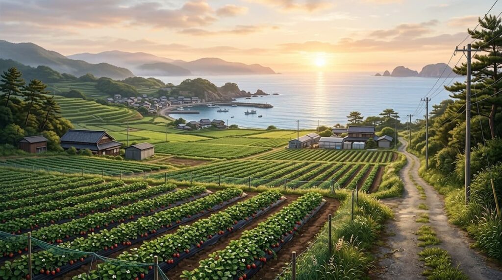 Análisis de Temporada de amor 2026: paisaje de una isla japonesa con campos verdes, cultivo de fresas y el mar al amanecer.
