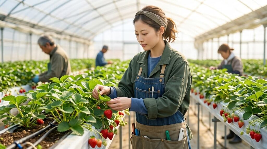 Análisis de Temporada de amor 2026: una agricultora cuida plantas de fresas en un invernadero japonés.