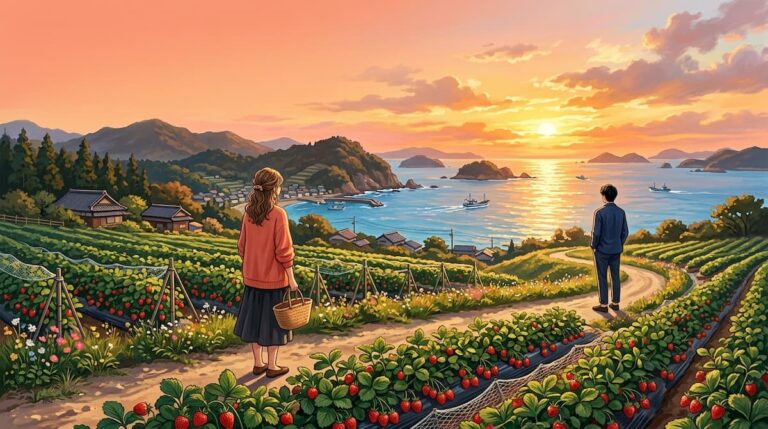 Análisis de Temporada de amor 2026 con una granja de fresas en una isla japonesa al atardecer.