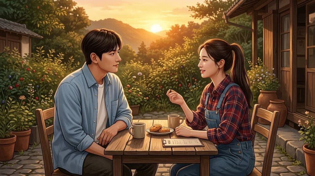 Análisis de Temporada de amor 2026: dos adultos de culturas diferentes conversan en una cafetería de una isla japonesa.