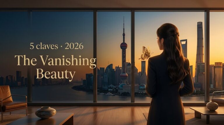 Mujer de espaldas frente a un skyline al atardecer con el texto 5 claves 2026, imagen del análisis The Vanishing Beauty drama chino.