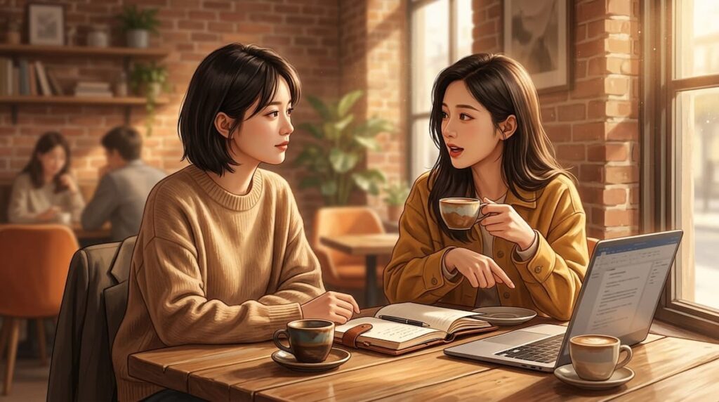 Dos mujeres conversando en una cafetería como símbolo de la alianza femenina en el análisis The Vanishing Beauty drama chino.