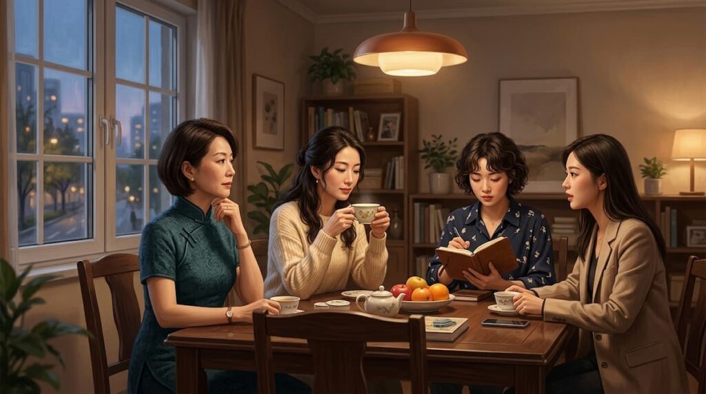 Cuatro mujeres reunidas en una mesa familiar que representan a las hermanas Yu en el análisis The Vanishing Beauty drama chino.