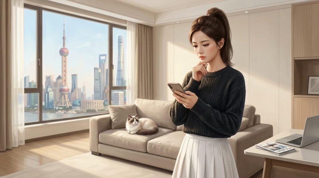 Ilustración de Yu Meng, protagonista de The Vanishing Beauty, en su apartamento moderno, tema central del análisis The Vanishing Beauty drama chino.