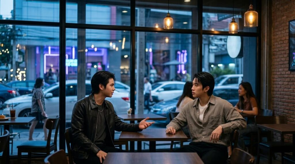 Escena editorial de un café urbano con dos jóvenes de estilos de vestuario contrastantes.