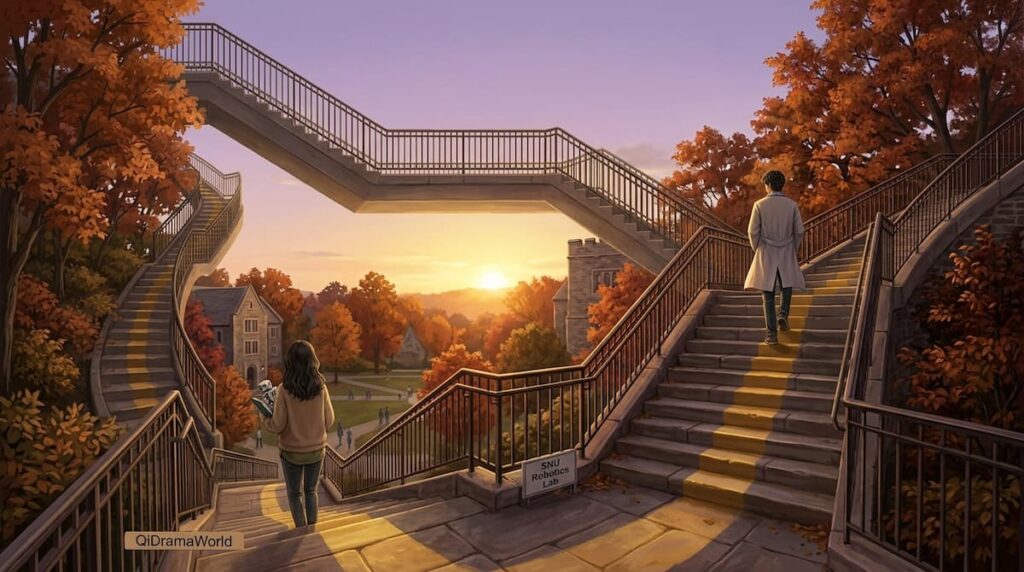 Dos jóvenes suben escaleras distintas en un campus otoñal, metáfora de la enseñanza del Between Steps drama coreano análisis.