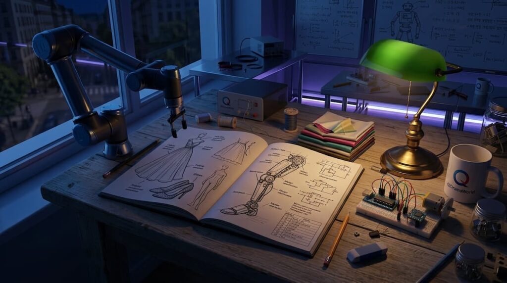 Laboratorio de robótica de noche con luz azul y una lámpara cálida, ambiente del Between Steps drama coreano análisis.