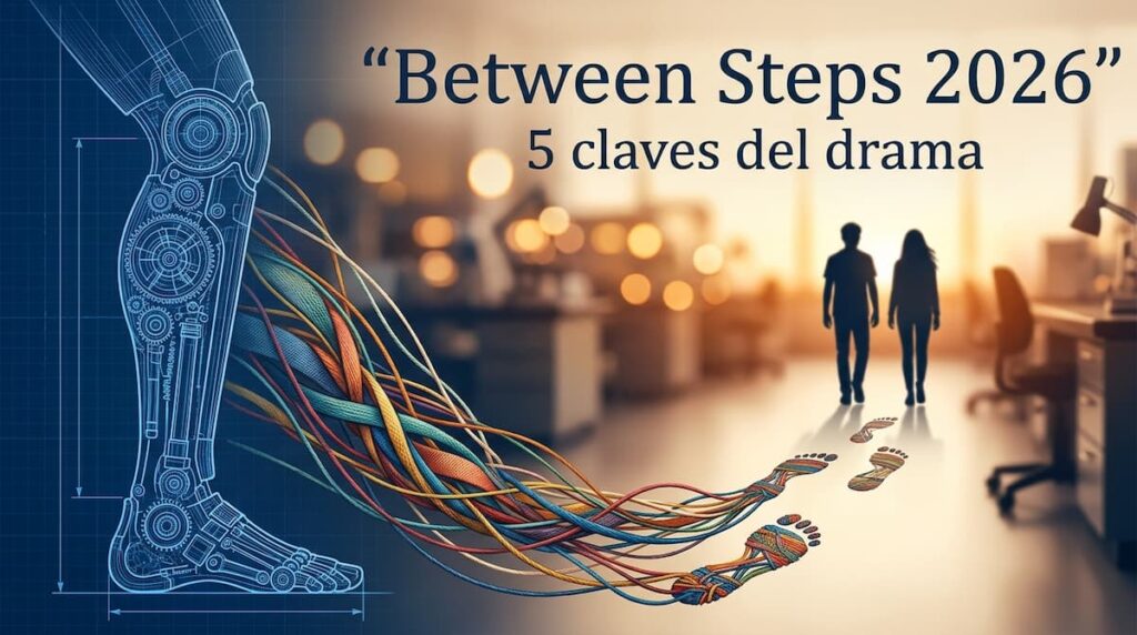 Ilustración con plano de una pierna protésica robótica y telas que forman huellas, portada del Between Steps drama coreano análisis 2026