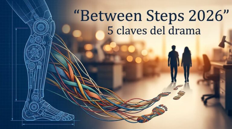 Ilustración con plano de una pierna protésica robótica y telas que forman huellas, portada del Between Steps drama coreano análisis 2026