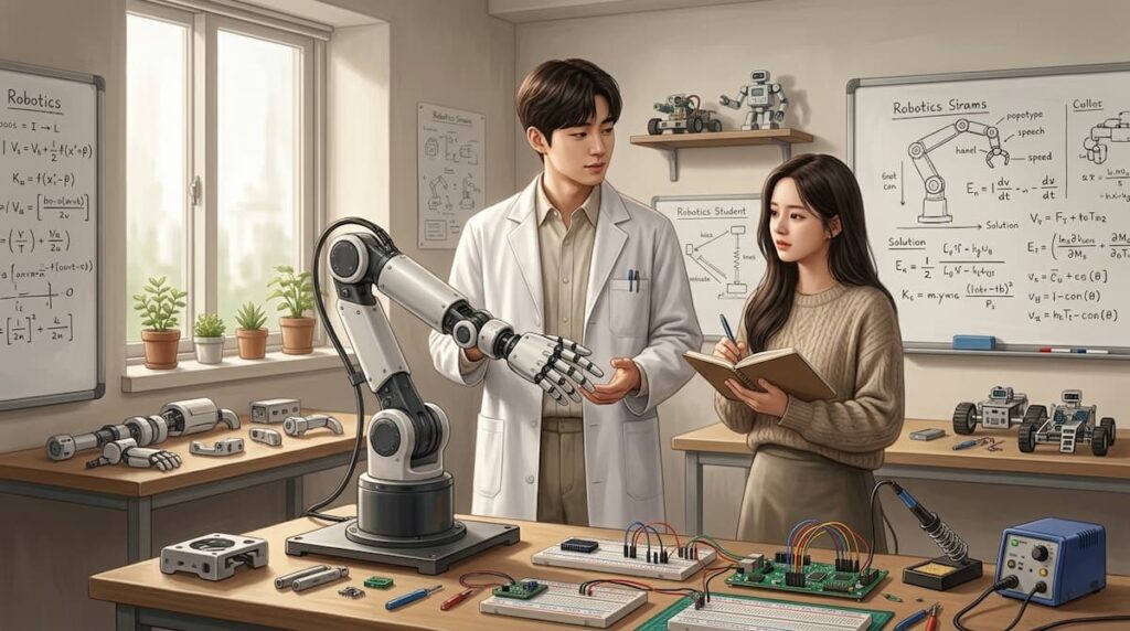 Dos jóvenes investigadores conversan en un laboratorio de robótica, escena clave del Between Steps drama coreano análisis.