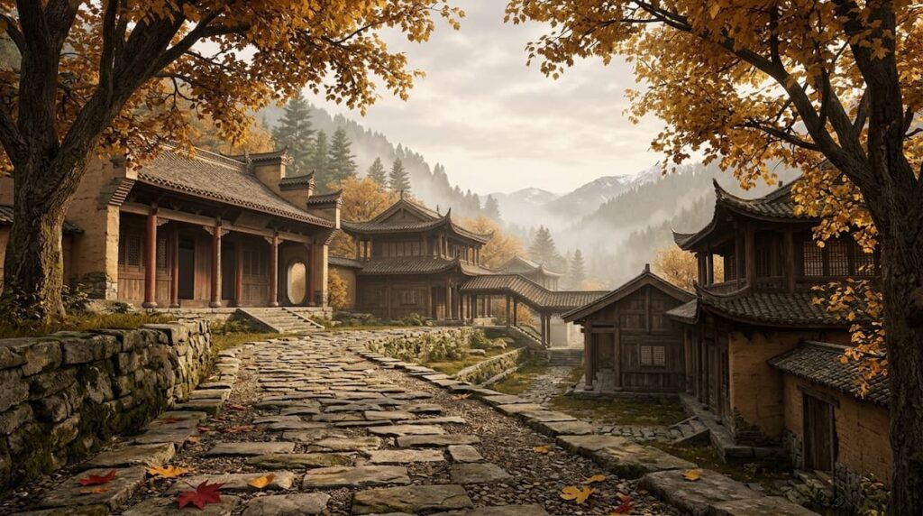 Residencia tradicional y paisaje otoñal inspirados en el ambiente histórico de The Lament of Autumn 2026