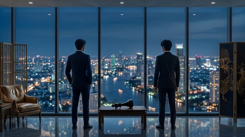 Dos siluetas de pie frente a las luces de Bangkok con el texto 5 claves y estreno 8 de octubre de 2026, portada de Fool in Love serie tailandesa análisis.