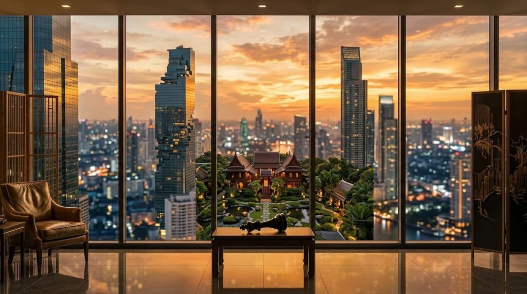 Ilustración de Bangkok al atardecer con torres corporativas y una casa tradicional, escenario de Fool in Love serie tailandesa análisis.