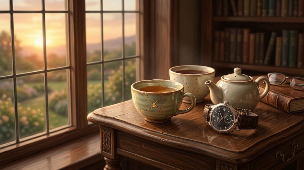 Taza reparada con hilo dorado sobre una mesa junto a una ventana, símbolo de la enseñanza en Fool in Love serie tailandesa análisis