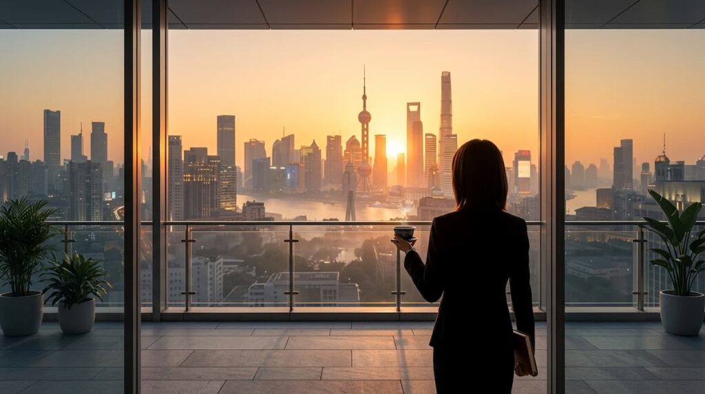 Joven profesional en una terraza al amanecer mirando la ciudad, imagen del final abierto de la serie china 2026 Irremplazable