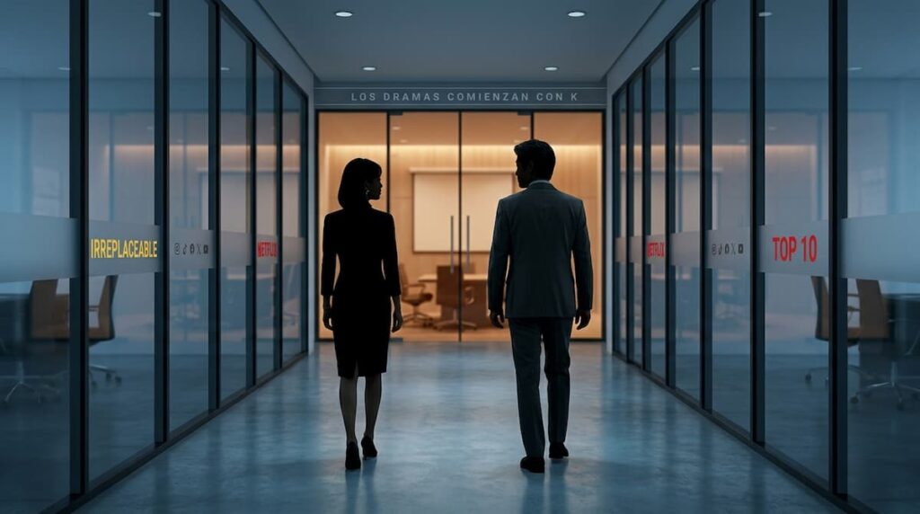 Dos profesionales caminando por un pasillo de oficina, imagen que simboliza la relación de Xu Chi y Ye Xinzhi en la serie china 2026 Irremplazable