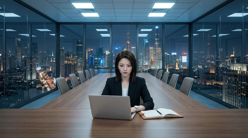 Joven consultora sola en una sala de reuniones, escena que representa a Xu Chi en la serie china 2026 Irremplazable.