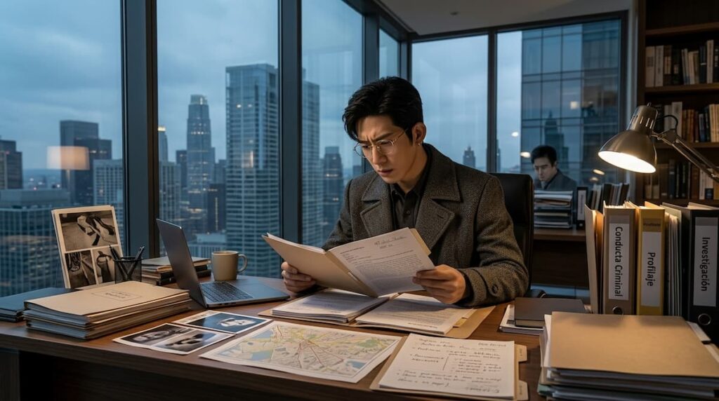 El experto en psicología criminal Jiang Hansheng reflexiona con las manos juntas frente a un escritorio repleto de expedientes, fotografías y mapas.