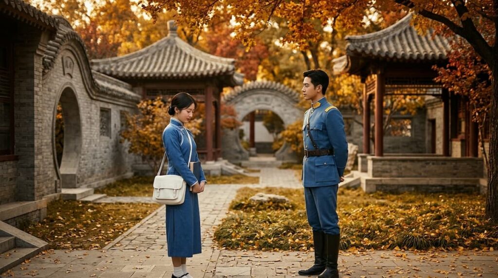 Pareja de época conversando en un jardín otoñal para ilustrar el análisis de The Lament of Autumn 2026.