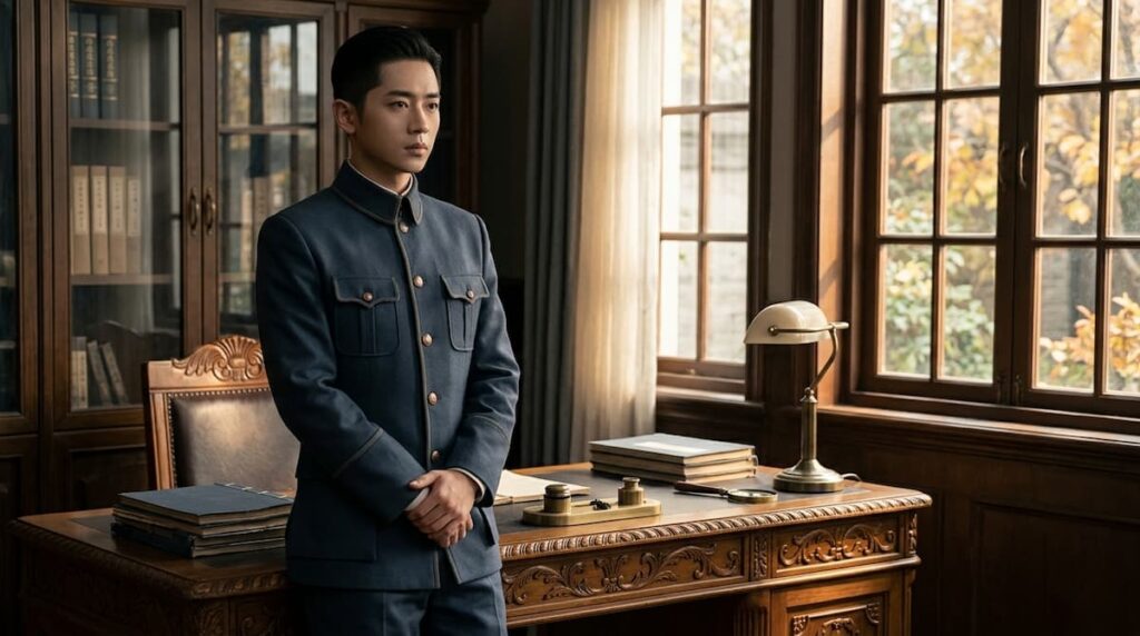 Retrato conceptual de un oficial chino que representa a Yu Changxuan en The Lament of Autumn 2026.